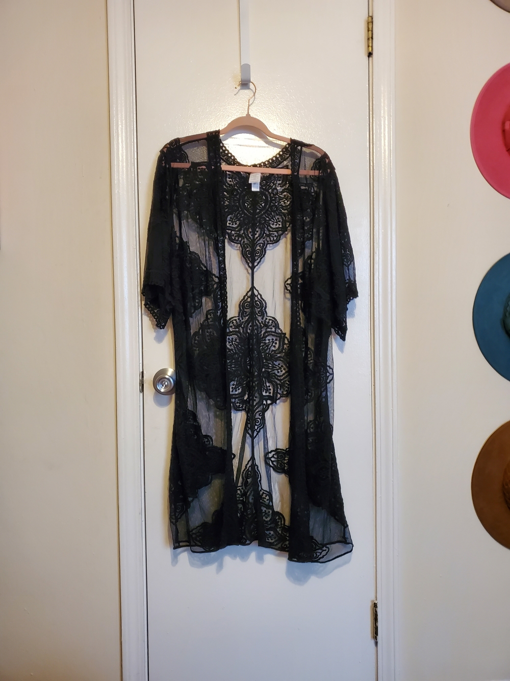 Source Unknown Black Sheer Lace Kimono Robe